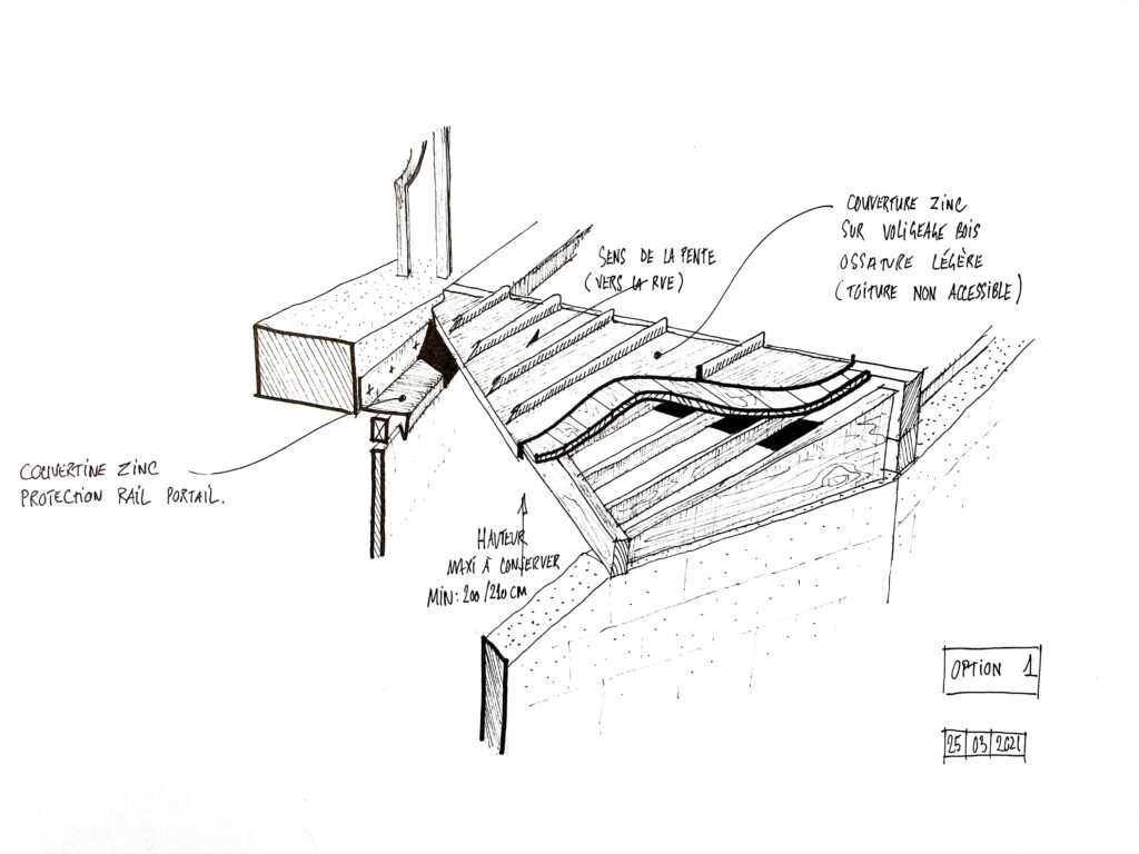 Esquisse technique toiture en zinc, architecture, conception durable.