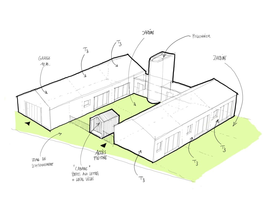 Croquis architectural de maison avec jardin.