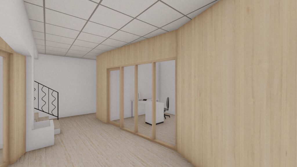 Intérieur bureau moderne, design minimaliste en bois.