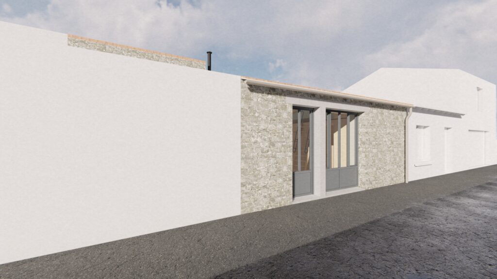 Façade maison moderne avec pierre et enduit blanc.