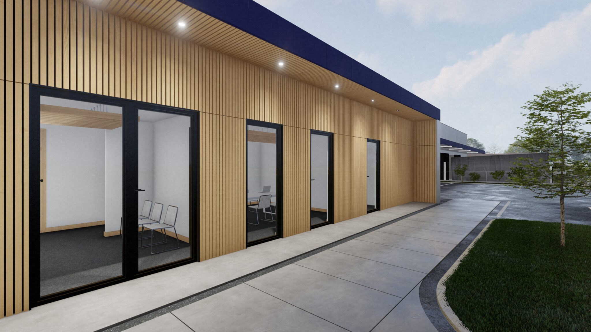 Façade moderne de bureau en bois et verre.