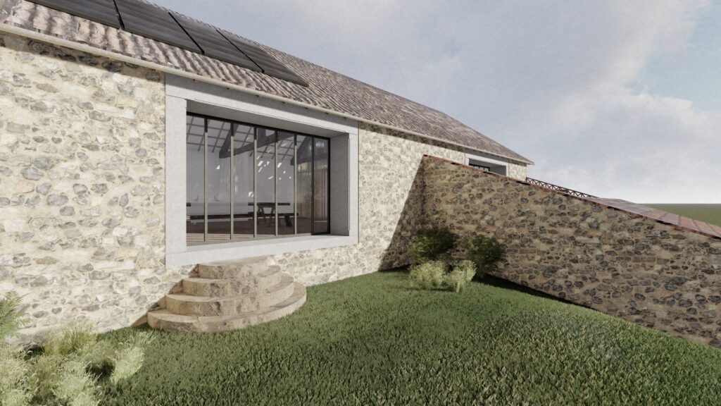 Maison en pierre avec véranda moderne et toiture solaire.